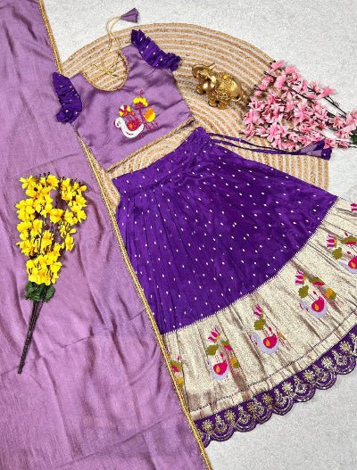 Kids Purple Chinon Tissue Silk Thread Work Lehenga Choli - BONYHUBLehangas