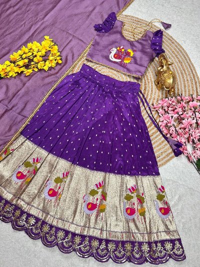 Kids Purple Chinon Tissue Silk Thread Work Lehenga Choli - BONYHUBLehangas
