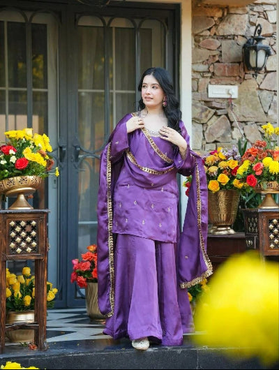 Purple Silk Crepe Embroidered Sharara Suit Set