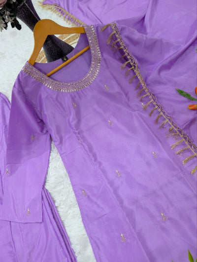 Purple Silk Crepe Embroidered Sharara Suit Set