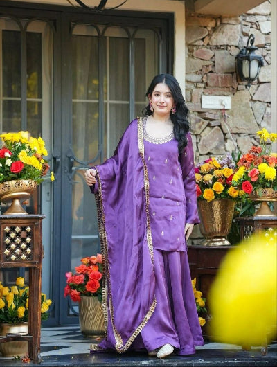 Purple Silk Crepe Embroidered Sharara Suit Set