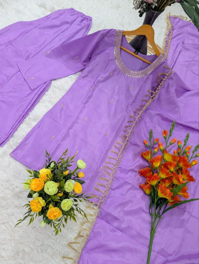 Purple Silk Crepe Embroidered Sharara Suit Set