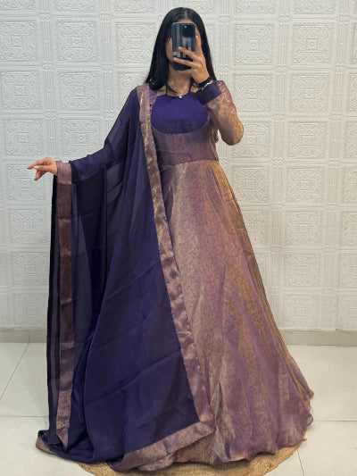 Purple Shimmer Silk Anarkali Gown Dupatta Set Of 2