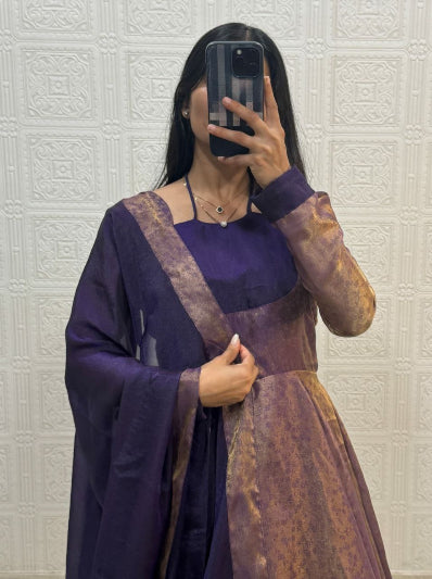 Purple Shimmer Silk Anarkali Gown Dupatta Set Of 2