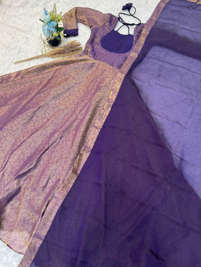 Purple Shimmer Silk Anarkali Gown Dupatta Set Of 2