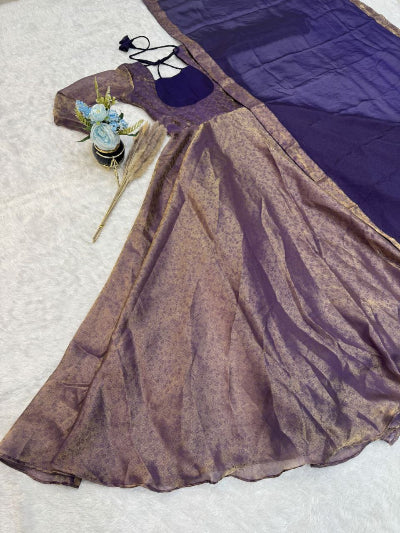Purple Shimmer Silk Anarkali Gown Dupatta Set Of 2