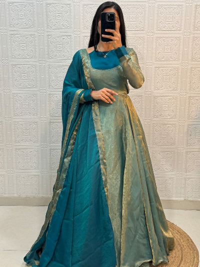 Ice Blue Shimmer Silk Anarkali Gown Dupatta Set Of 2