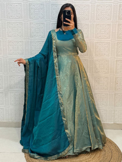 Ice Blue Shimmer Silk Anarkali Gown Dupatta Set Of 2