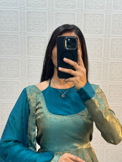 Ice Blue Shimmer Silk Anarkali Gown Dupatta Set Of 2