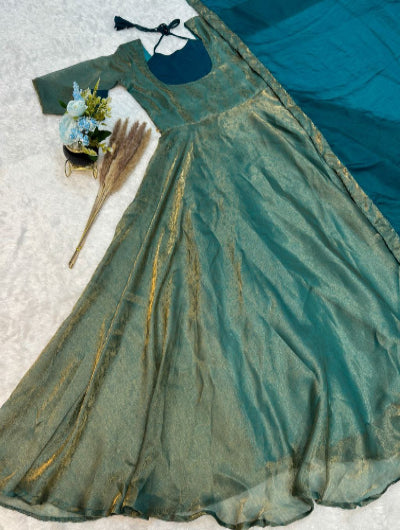 Ice Blue Shimmer Silk Anarkali Gown Dupatta Set Of 2