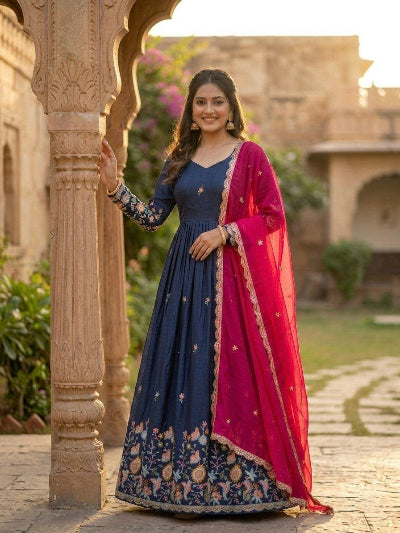 Teal Blue Embroidered Gown with Yellow Dupatta Set Of 2