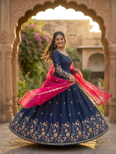 Teal Blue Embroidered Gown with Yellow Dupatta Set Of 2