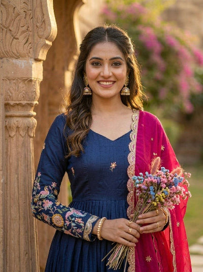 Teal Blue Embroidered Gown with Yellow Dupatta Set Of 2