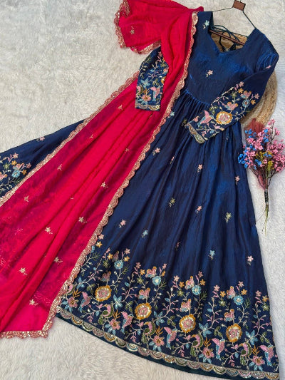 Teal Blue Embroidered Gown with Yellow Dupatta Set Of 2