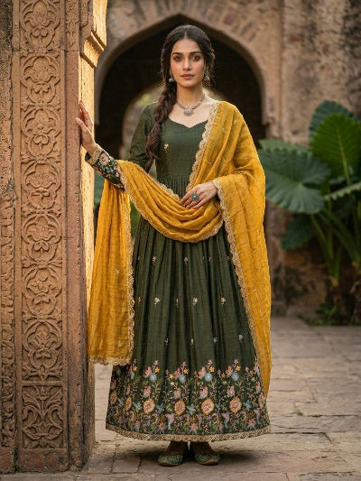 Olive Green Embroidered Gown with Yellow Dupatta Set Of 2