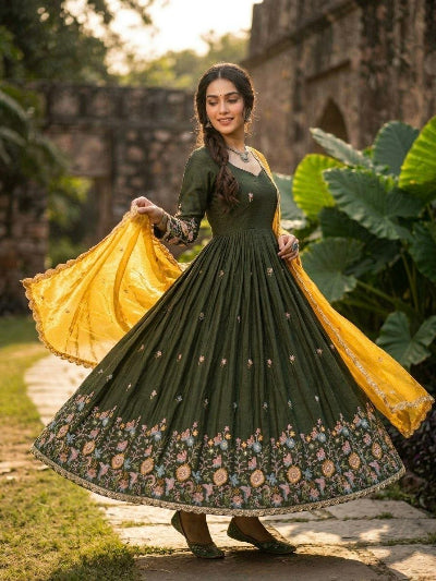 Olive Green Embroidered Gown with Yellow Dupatta Set Of 2