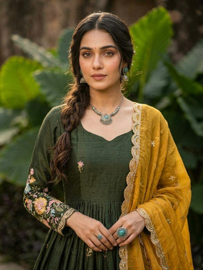 Olive Green Embroidered Gown with Yellow Dupatta Set Of 2