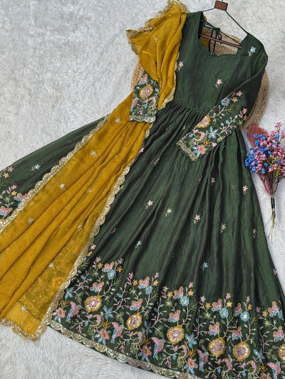 Olive Green Embroidered Gown with Yellow Dupatta Set Of 2
