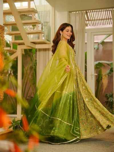 Olive Mustard Green Organza Sleeveless Gown with Dupatta Set Of 2