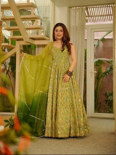 Olive Mustard Green Organza Sleeveless Gown with Dupatta Set Of 2