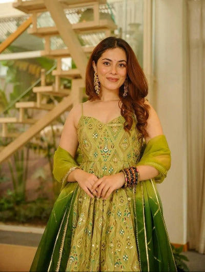 Olive Mustard Green Organza Sleeveless Gown with Dupatta Set Of 2