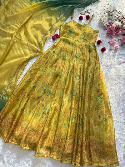 Olive Mustard Green Organza Sleeveless Gown with Dupatta Set Of 2