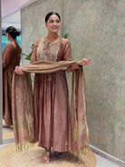 Dusty Copper Rose Chanderi Jacquard Anarkali Suit - BONYHUBSALWAR KAMEEZ