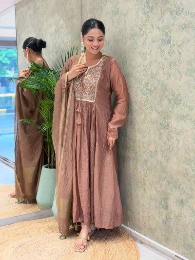 Dusty Copper Rose Chanderi Jacquard Anarkali Suit - BONYHUBSALWAR KAMEEZ