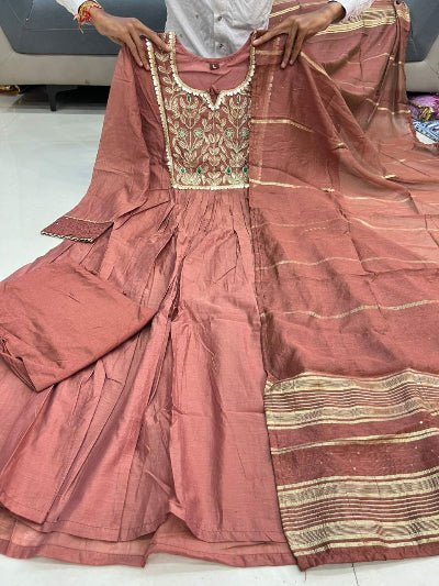 Dusty Copper Rose Chanderi Jacquard Anarkali Suit - BONYHUBSALWAR KAMEEZ