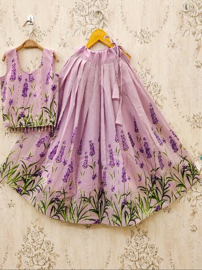 Kids Lavender Muslin Silk Printed Lehenga Blouse - BONYHUBLehangas