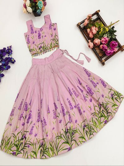 Kids Lavender Muslin Silk Printed Lehenga Blouse - BONYHUBLehangas