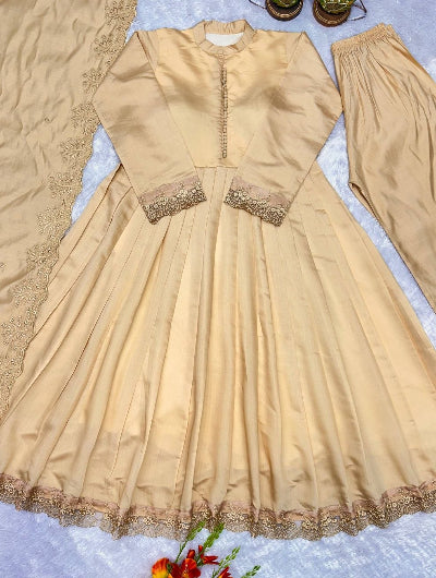 Gold Roman Silk Embroidery Modest Anarkali Suit