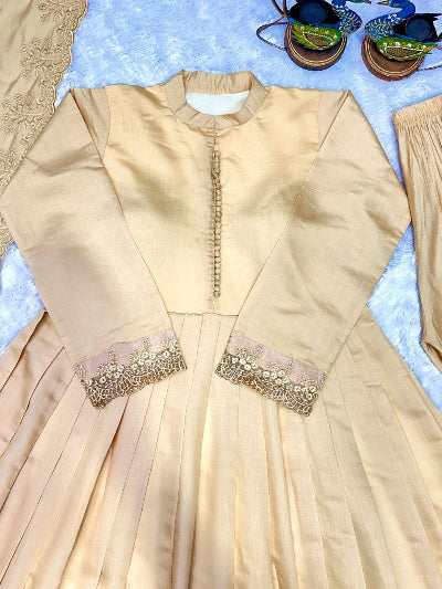 Gold Roman Silk Embroidery Modest Anarkali Suit