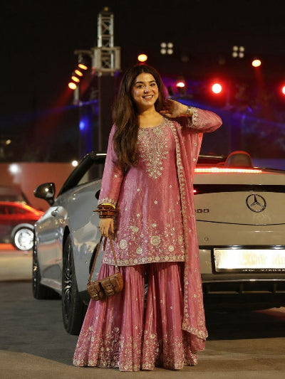 Blush Pink Silk Embroidered Palazzo Sharara Suit Set