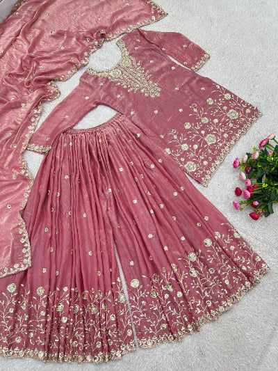 Blush Pink Silk Embroidered Palazzo Sharara Suit Set