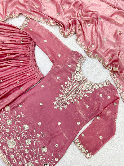 Blush Pink Silk Embroidered Palazzo Sharara Suit Set
