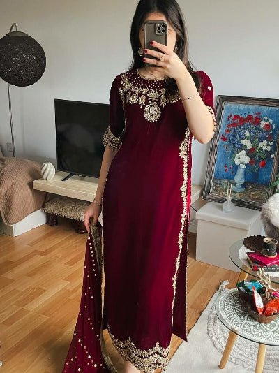 Deep Maroon Velvet Rich Embroidery Work Straight Suit Set - BONYHUBSALWAR KAMEEZ