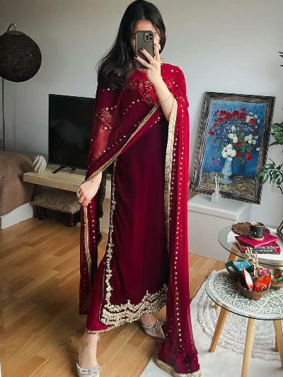 Deep Maroon Velvet Rich Embroidery Work Straight Suit Set - BONYHUBSALWAR KAMEEZ