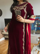 Deep Maroon Velvet Rich Embroidery Work Straight Suit Set - BONYHUBSALWAR KAMEEZ