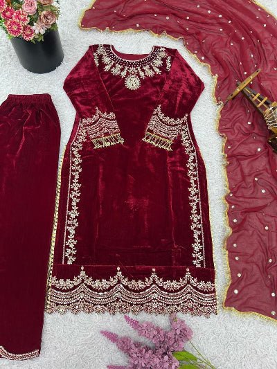 Deep Maroon Velvet Rich Embroidery Work Straight Suit Set - BONYHUBSALWAR KAMEEZ
