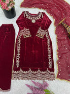 Deep Maroon Velvet Rich Embroidery Work Straight Suit Set - BONYHUBSALWAR KAMEEZ