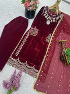 Deep Maroon Velvet Rich Embroidery Work Straight Suit Set - BONYHUBSALWAR KAMEEZ