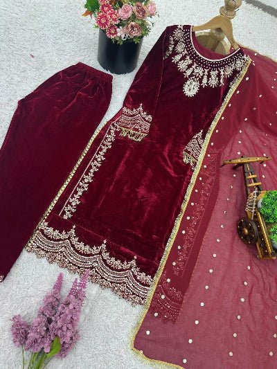 Deep Maroon Velvet Rich Embroidery Work Straight Suit Set - BONYHUBSALWAR KAMEEZ
