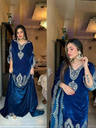 Peacock Blue Velvet Full Sleeves Embroidery Work Suit Set - BONYHUBSALWAR KAMEEZ