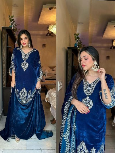 Peacock Blue Velvet Full Sleeves Embroidery Work Suit Set - BONYHUBSALWAR KAMEEZ