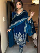 Peacock Blue Velvet Full Sleeves Embroidery Work Suit Set - BONYHUBSALWAR KAMEEZ