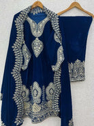 Peacock Blue Velvet Full Sleeves Embroidery Work Suit Set - BONYHUBSALWAR KAMEEZ