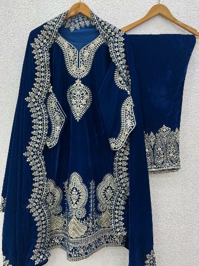Peacock Blue Velvet Full Sleeves Embroidery Work Suit Set - BONYHUBSALWAR KAMEEZ