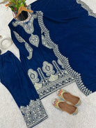 Peacock Blue Velvet Full Sleeves Embroidery Work Suit Set - BONYHUBSALWAR KAMEEZ