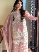 Pastel Pink Georgette Embroidery Pearl Moti Work Sharara Set - BONYHUBSALWAR KAMEEZ